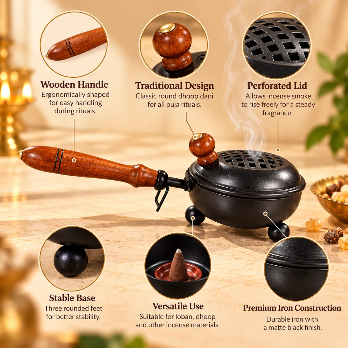 Iron Loban Burner (Dhoop Dani) with Wooden Handle