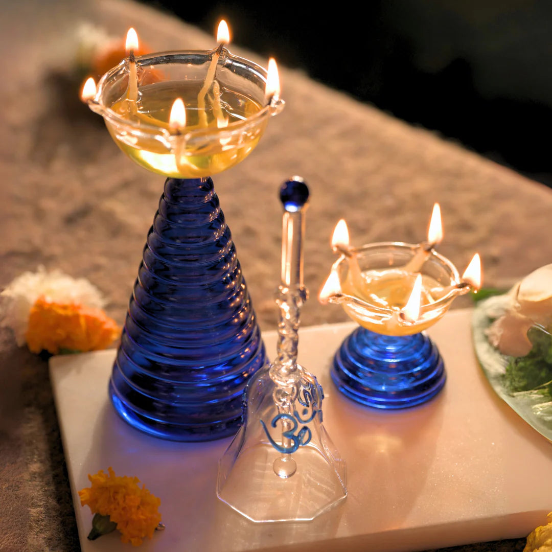 Glass Puja Diya Set with Tall Diya, Short Diya & Bell
