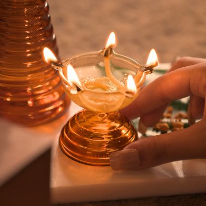 Glass Puja Diya Set with Tall Diya, Short Diya & Bell