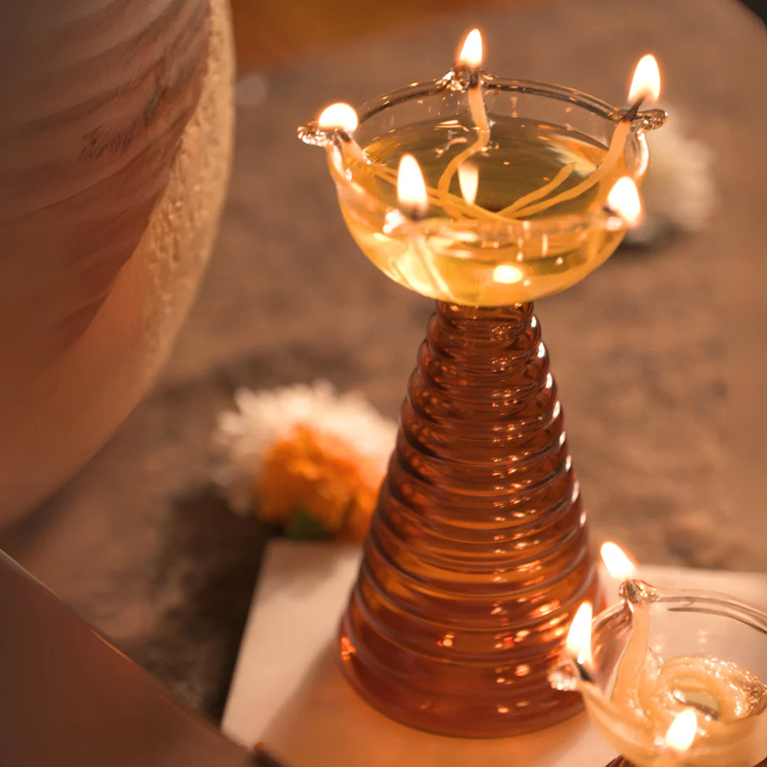 Glass Puja Diya Set with Tall Diya, Short Diya & Bell