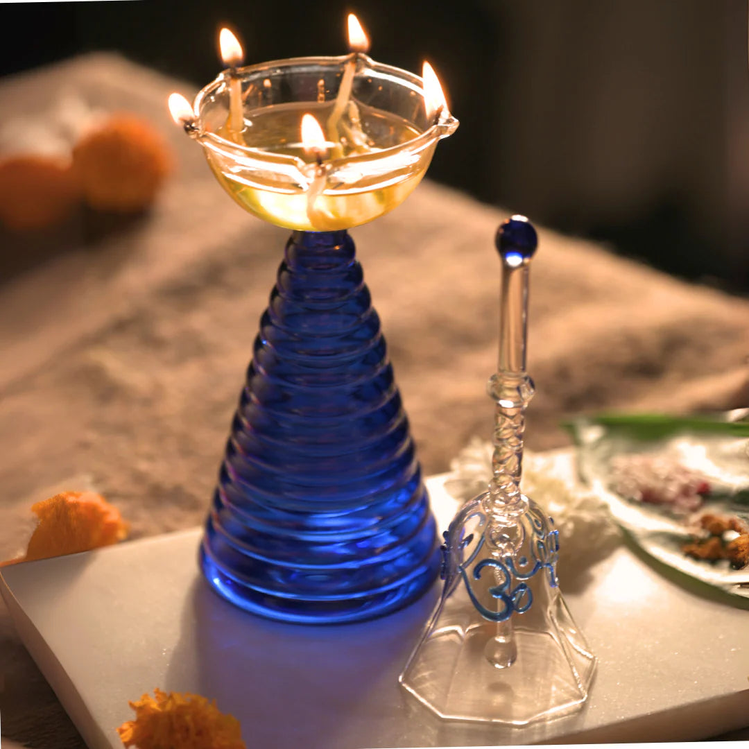 Glass Puja Diya Set with Tall Diya, Short Diya & Bell