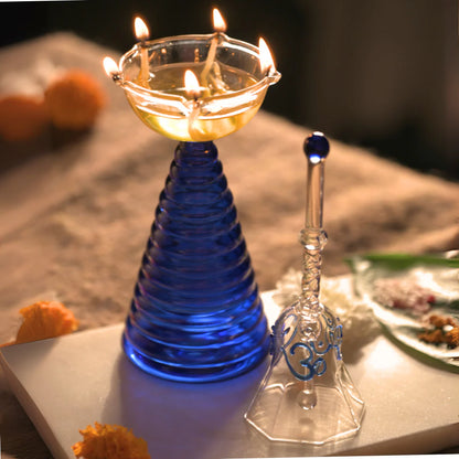 Glass Puja Diya Set with Tall Diya, Short Diya & Bell