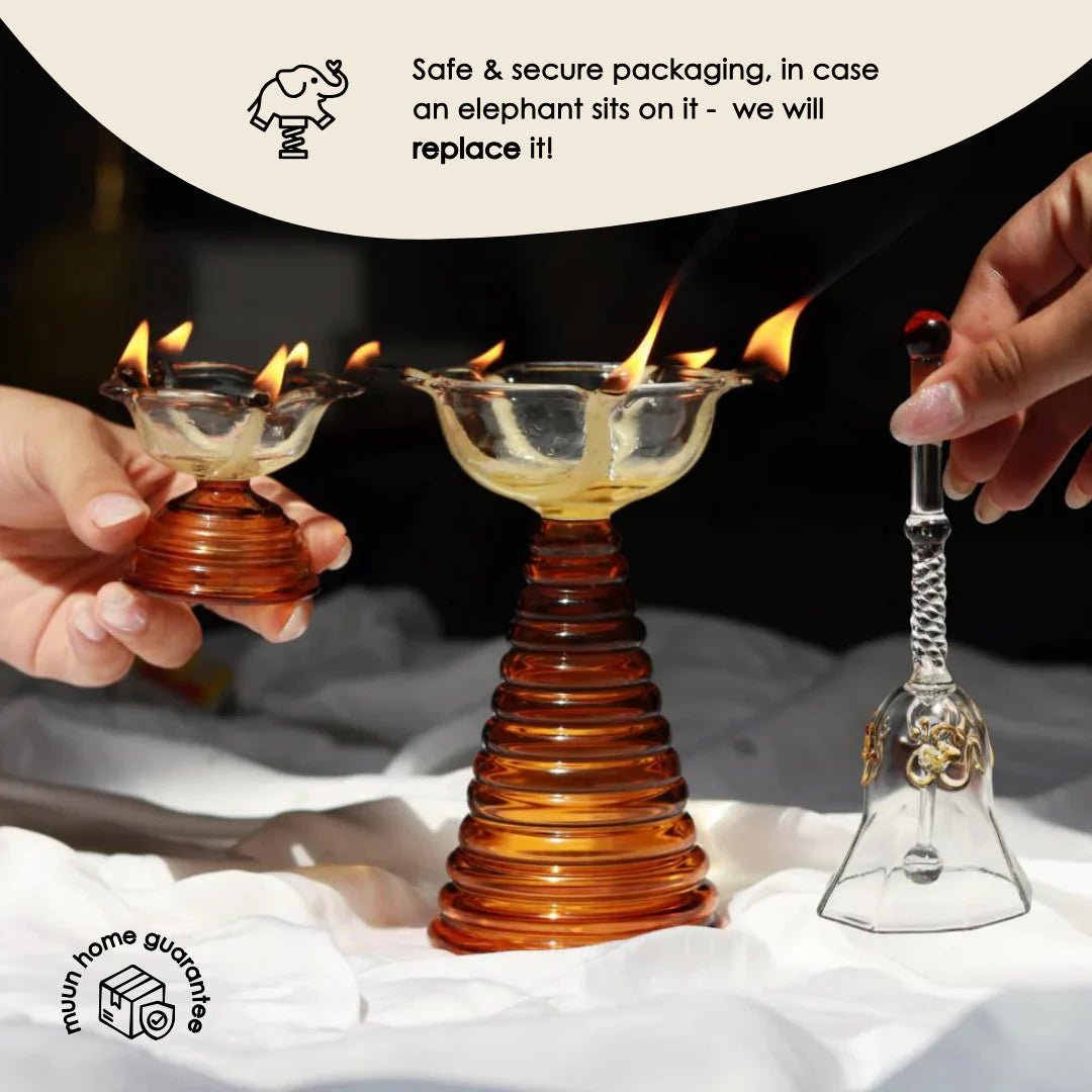 Glass Puja Diya Set with Tall Diya, Short Diya & Bell