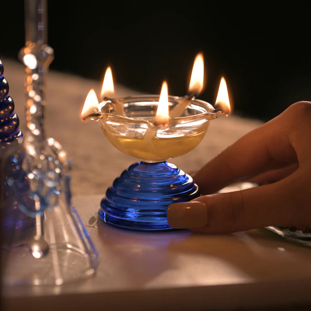 Glass Puja Diya Set with Tall Diya, Short Diya & Bell