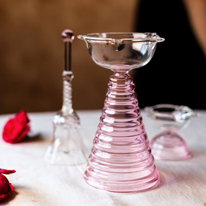 Glass Puja Diya Set with Tall Diya, Short Diya & Bell