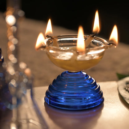 Glass Puja Diya Set with Tall Diya, Short Diya & Bell