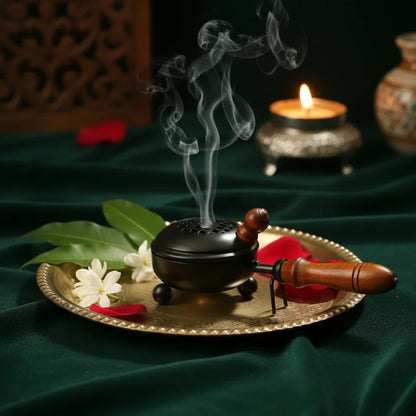 Elegant Metal Dhoop Dani with Wooden Handle