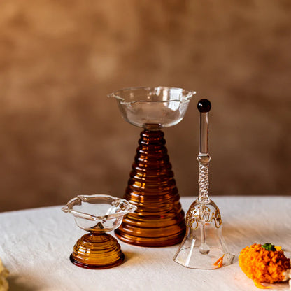 Glass Puja Diya Set with Tall Diya, Short Diya & Bell