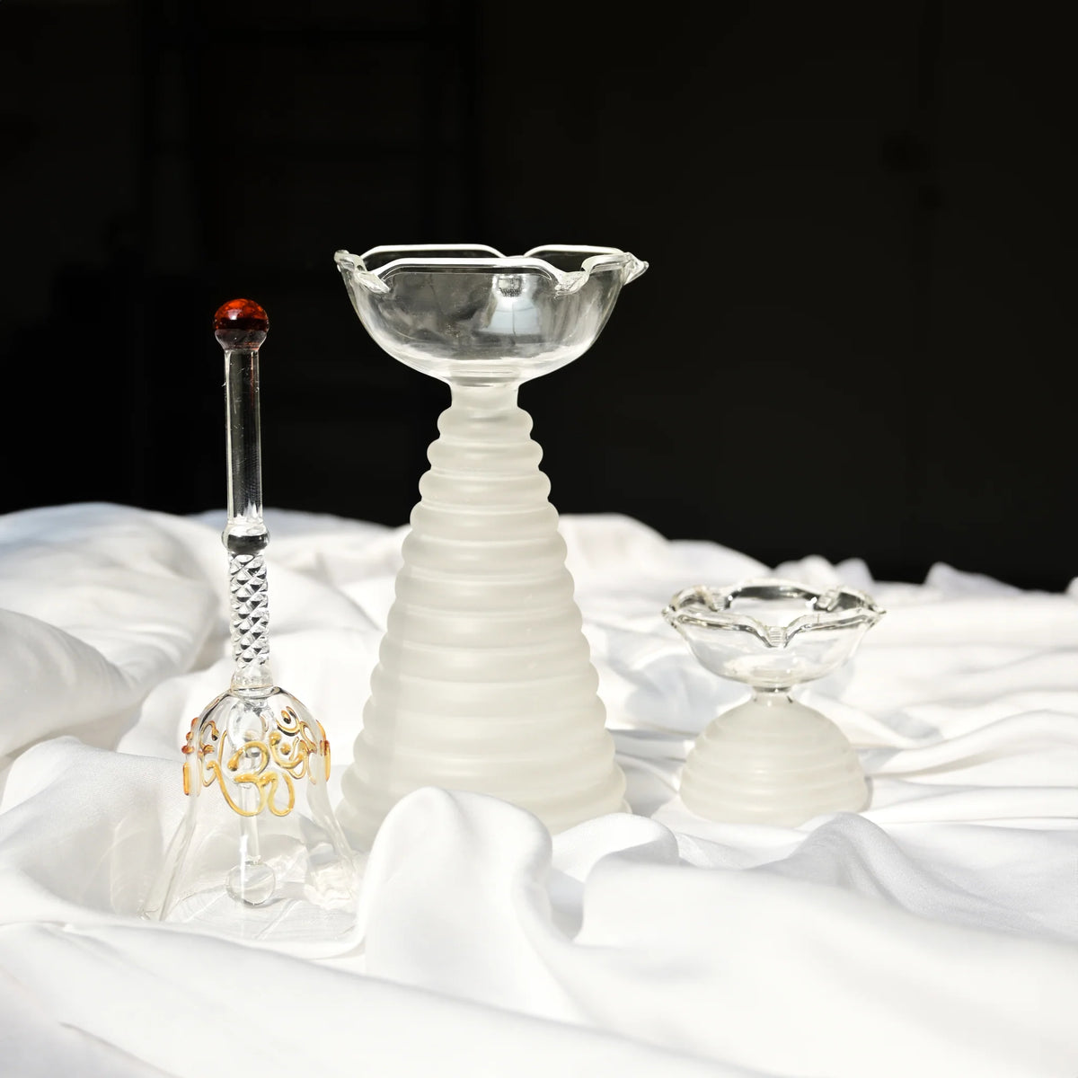 Glass Puja Diya Set with Tall Diya, Short Diya & Bell