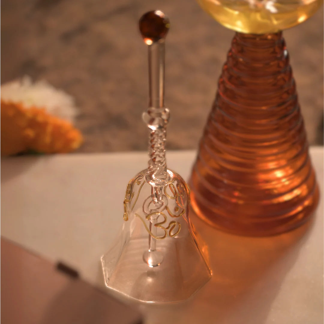 Glass Puja Diya Set with Tall Diya, Short Diya & Bell