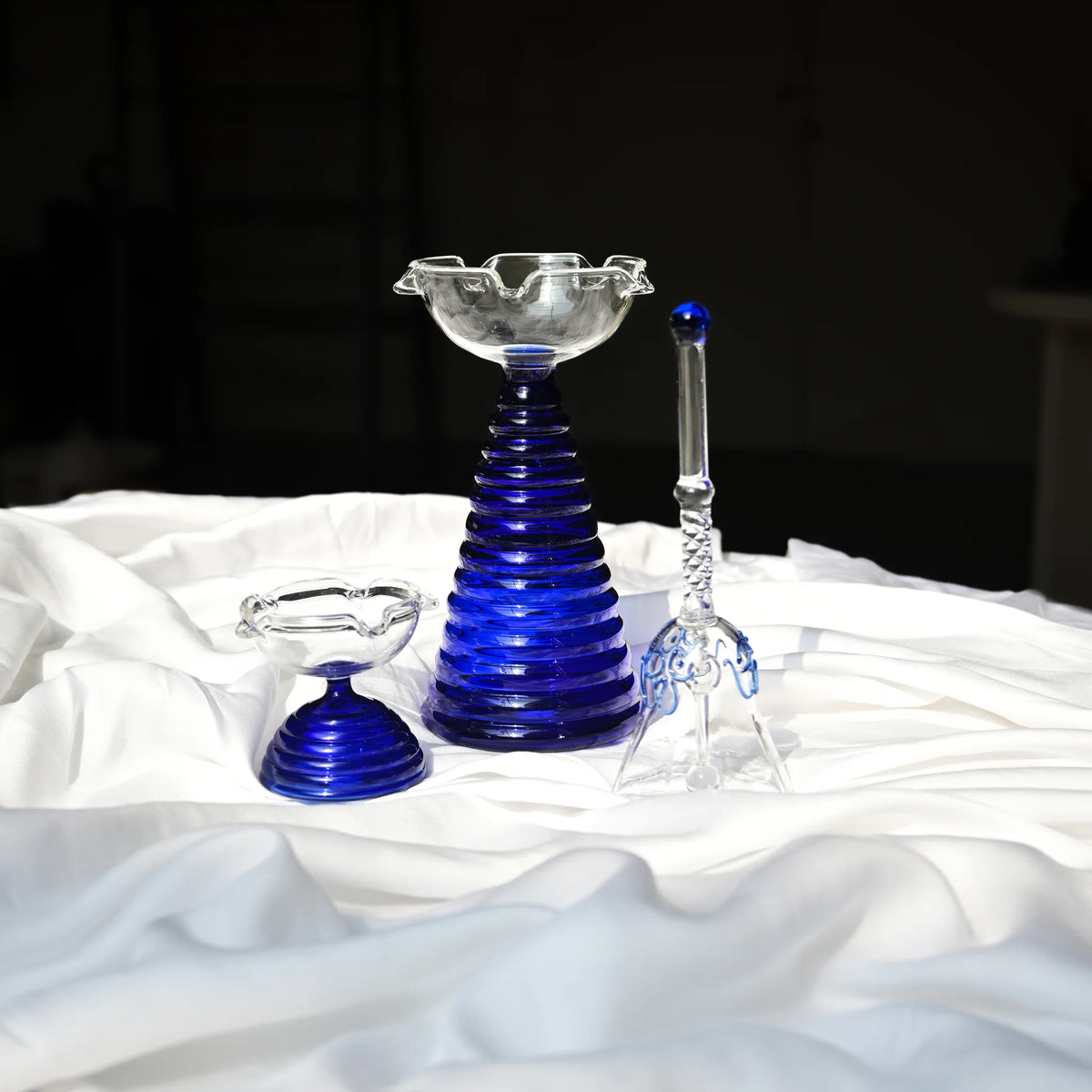 Glass Puja Diya Set with Tall Diya, Short Diya & Bell