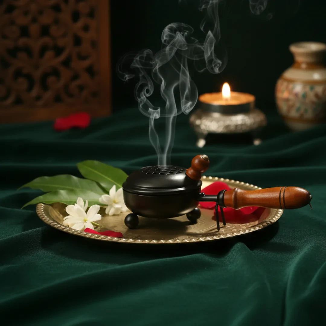 Elegant Metal Dhoop Dani with Wooden Handle