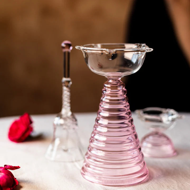 Glass Puja Diya Set with Tall Diya, Short Diya & Bell