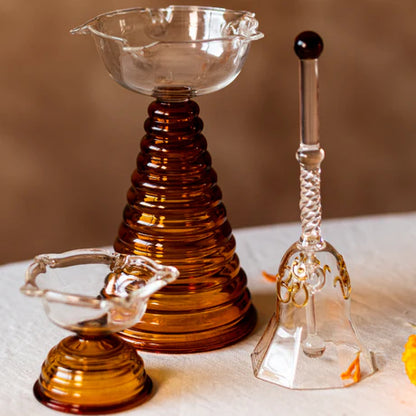 Glass Puja Diya Set with Tall Diya, Short Diya & Bell
