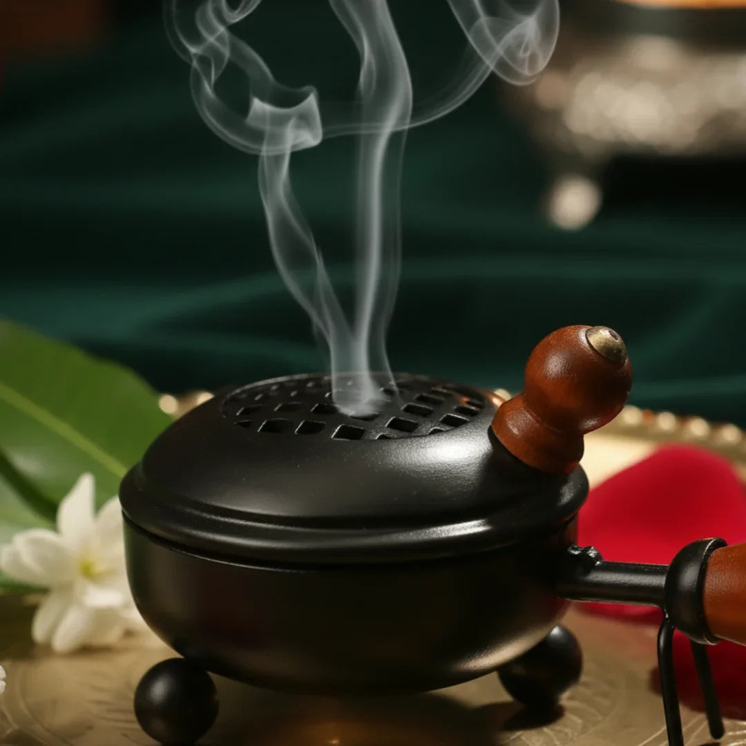 Elegant Metal Dhoop Dani with Wooden Handle