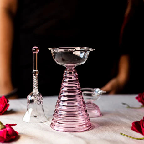 Glass Puja Diya Set with Tall Diya, Short Diya & Bell