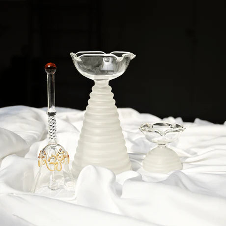 Glass Puja Diya Set with Tall Diya, Short Diya & Bell