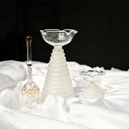 Glass Puja Diya Set with Tall Diya, Short Diya & Bell