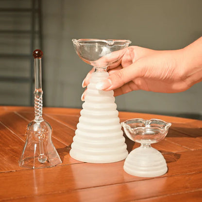 Glass Puja Diya Set with Tall Diya, Short Diya & Bell