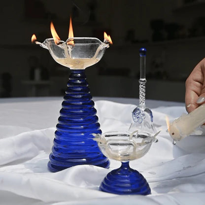 Glass Puja Diya Set with Tall Diya, Short Diya & Bell