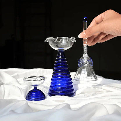 Glass Puja Diya Set with Tall Diya, Short Diya & Bell