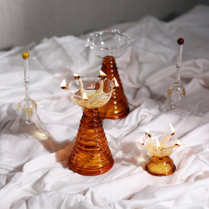 Glass Puja Diya Set with Tall Diya, Short Diya & Bell