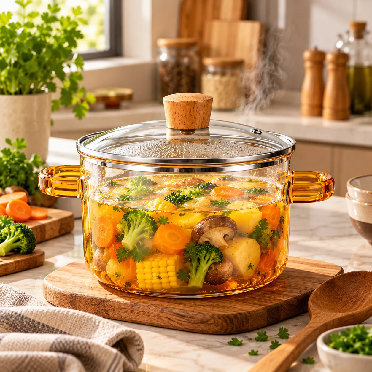 Amber Handle Borosilicate Glass Cooking Pot