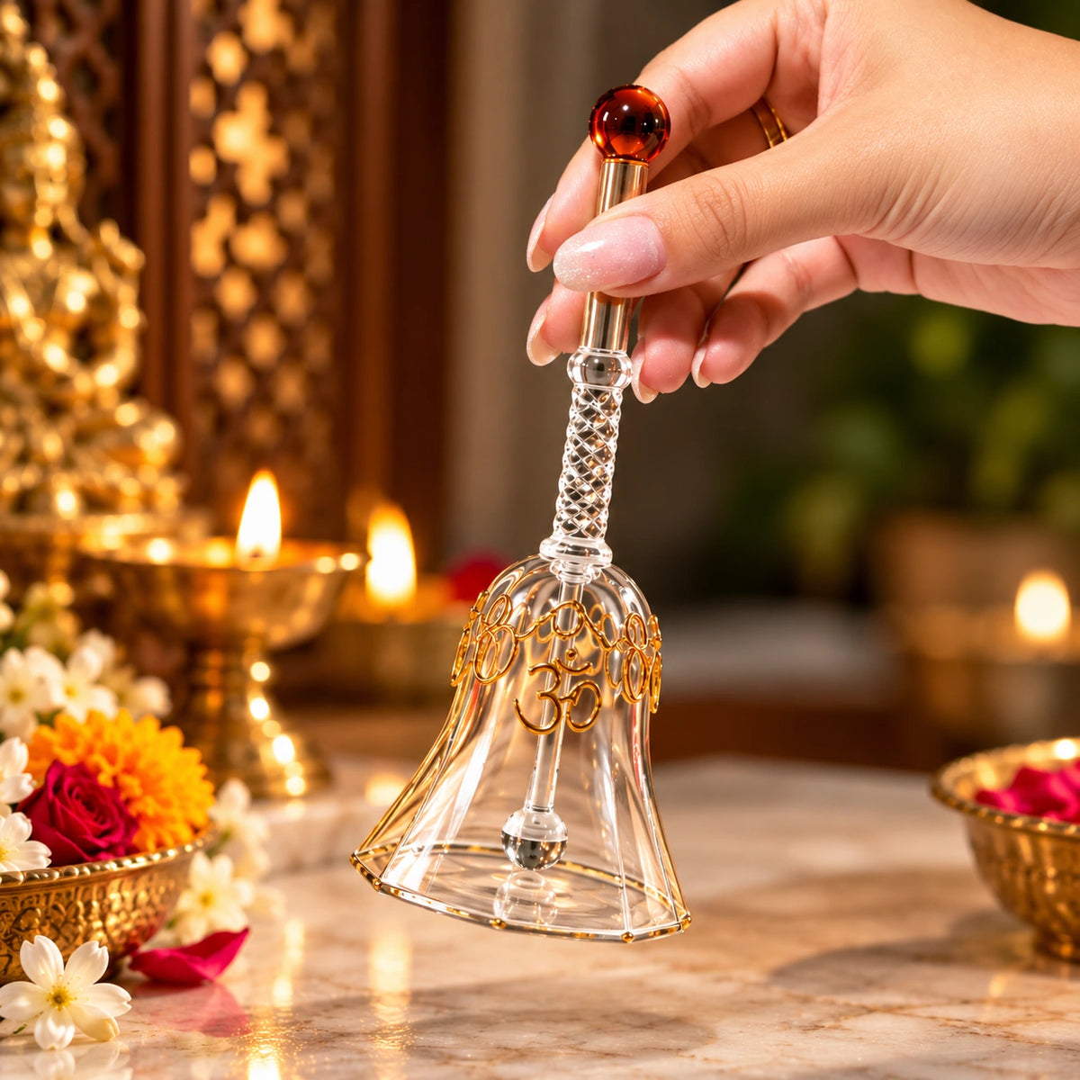 Decorative Glass Puja Bell with Om Design