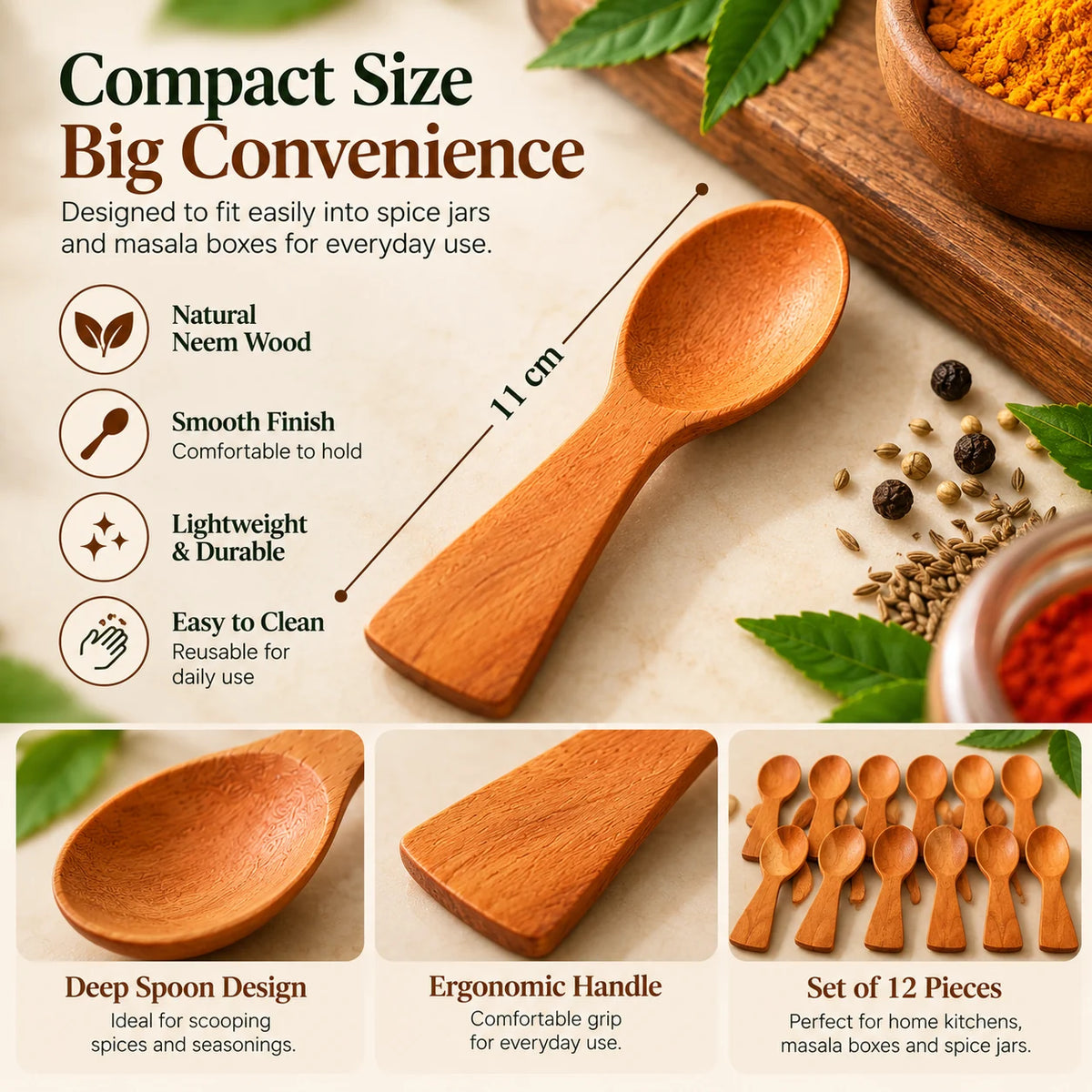 Neem Wood Masala Spoon Set – 12 Pieces