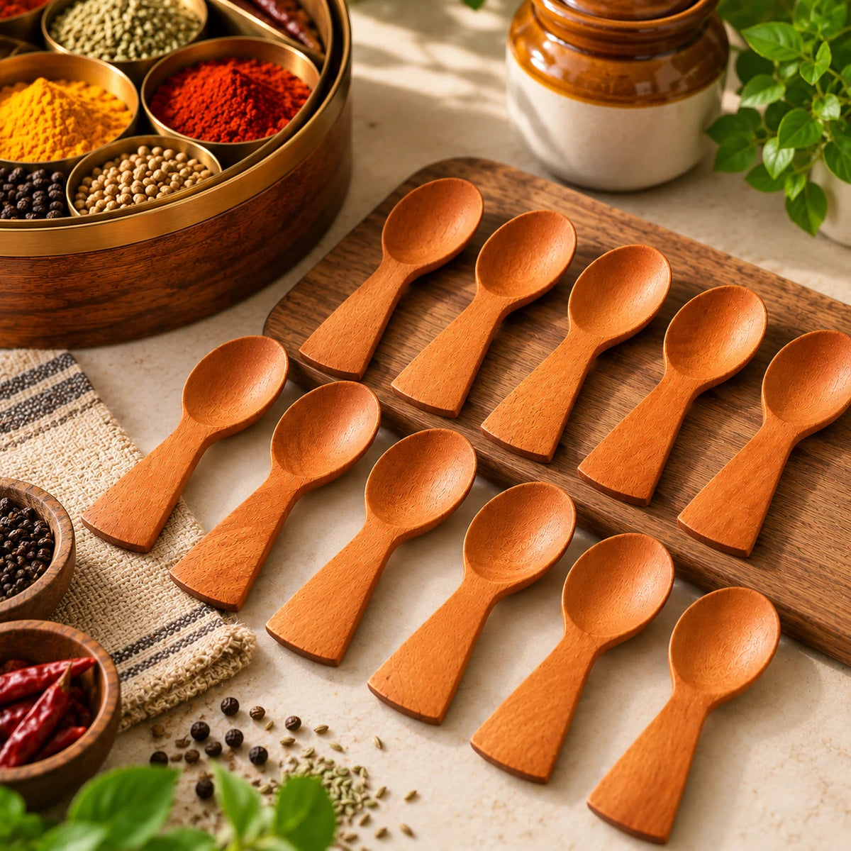 Neem Wood Masala Spoon Set – 12 Pieces