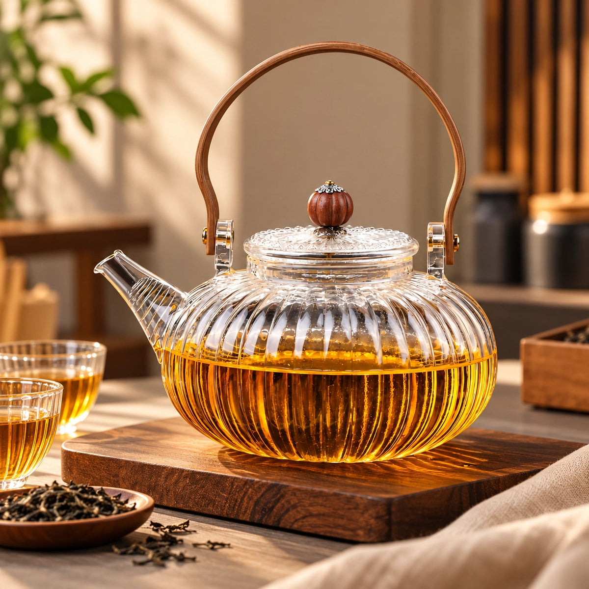 Ribbed Glass Tea Kettle with Wooden Handle – 1 L