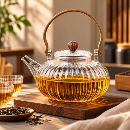 Ribbed Glass Tea Kettle with Wooden Handle – 1 L