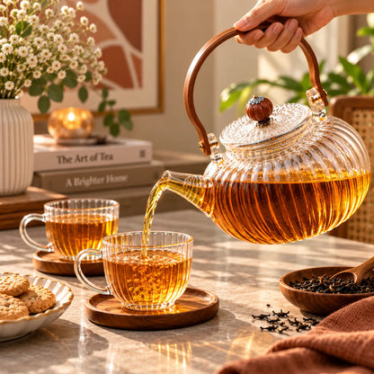 Ribbed Glass Tea Kettle with Wooden Handle – 1 L