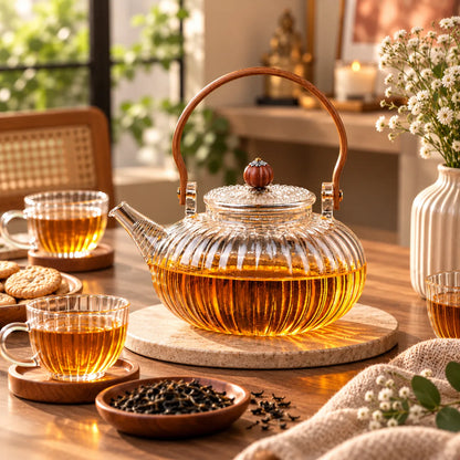 Ribbed Glass Tea Kettle with Wooden Handle – 1 L