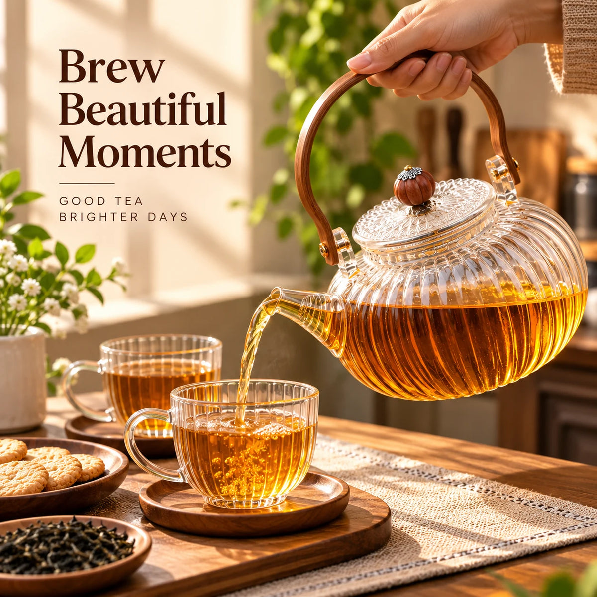 Ribbed Glass Tea Kettle with Wooden Handle – 1 L