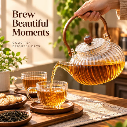 Ribbed Glass Tea Kettle with Wooden Handle – 1 L