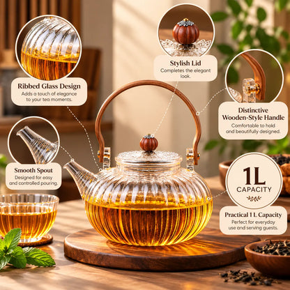 Ribbed Glass Tea Kettle with Wooden Handle – 1 L