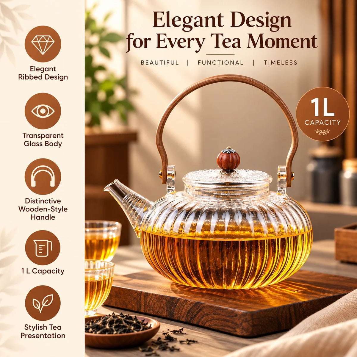 Ribbed Glass Tea Kettle with Wooden Handle – 1 L