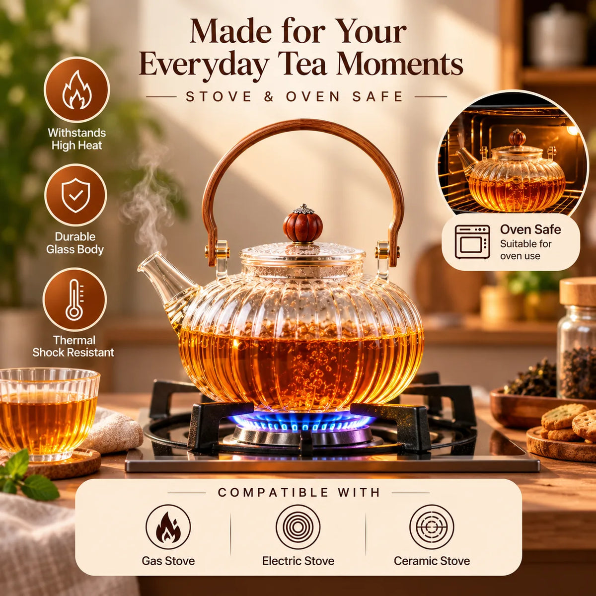 Ribbed Glass Tea Kettle with Wooden Handle – 1 L