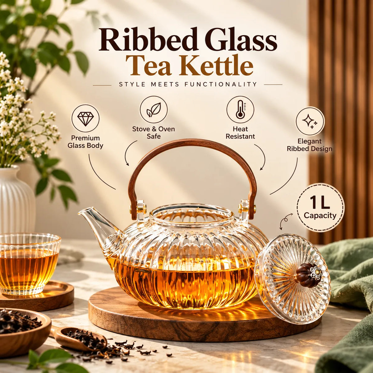 Ribbed Glass Tea Kettle with Wooden Handle – 1 L