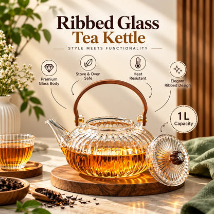 Ribbed Glass Tea Kettle with Wooden Handle – 1 L