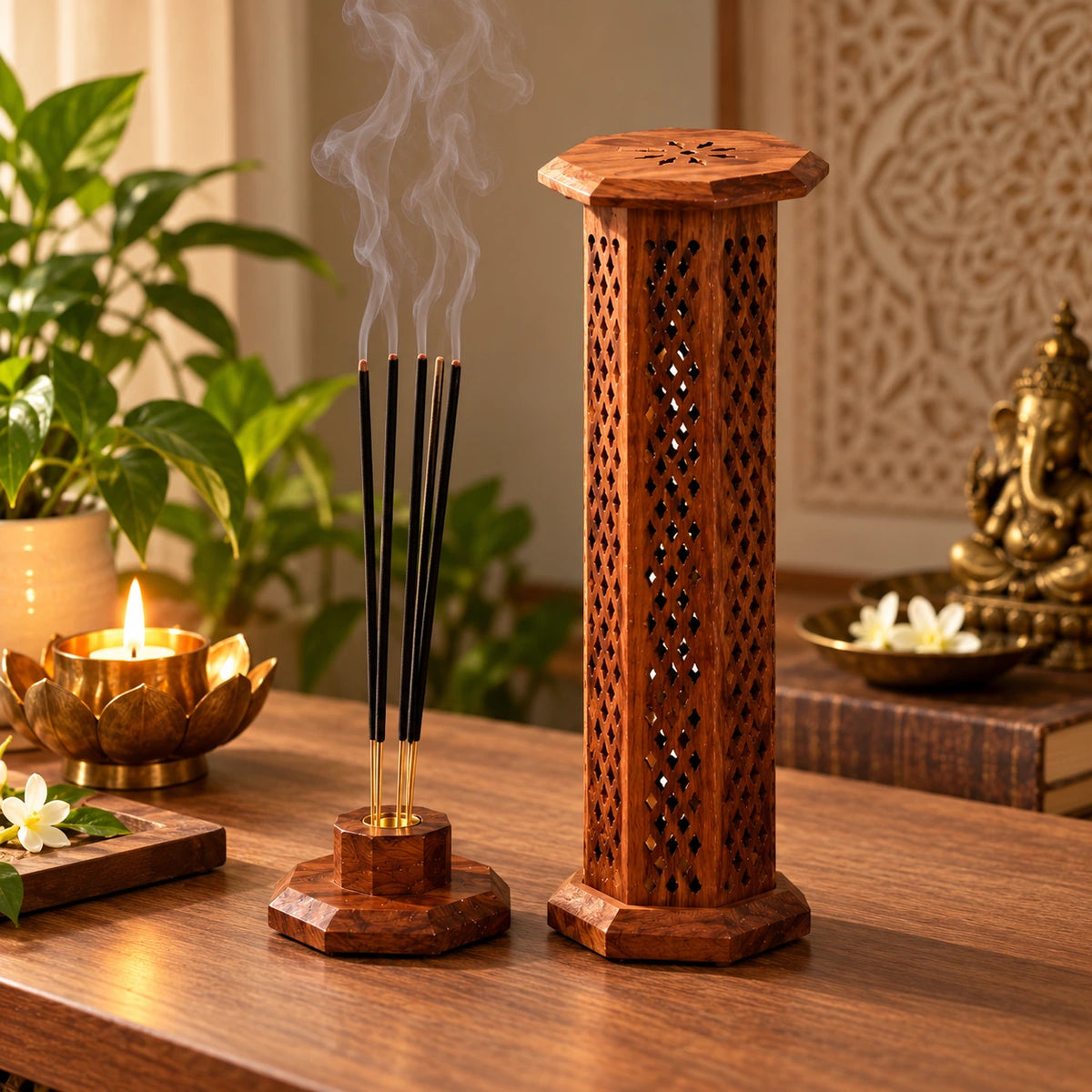 Wooden Tower Incense Holder with Agarbatti Stand